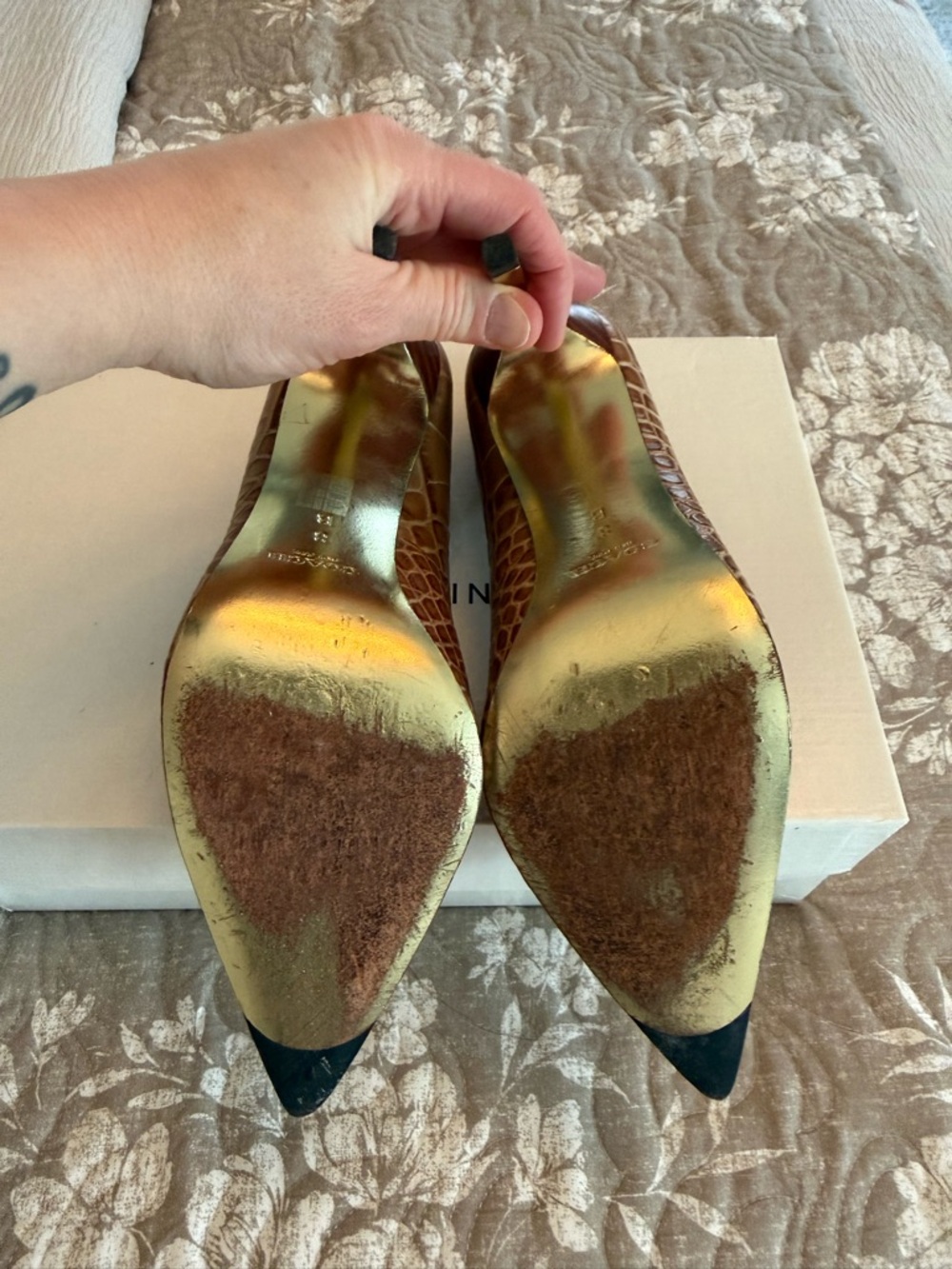 Coach Brown Croc-Embossed Pointed Toe Pumps with Gold Plate - Picture 9 of 12